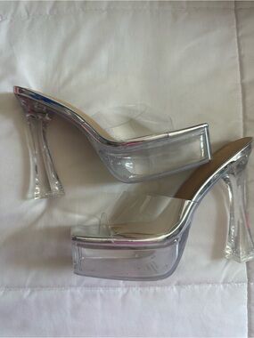 Clear Platform Mule Heels - Silver Accents